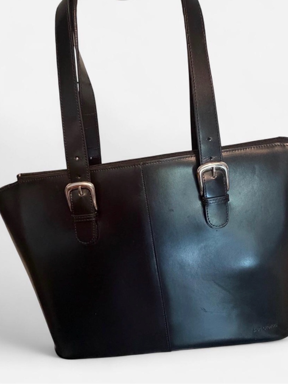 Jack Georges Women's Large Black Leather Shoulder Tote Bag with Buckle Straps